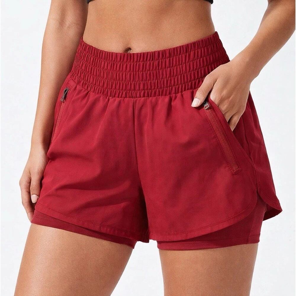 Women’s 2 in 1 Athletic Shorts Red High Waisted Lined Zip Pockets Size M
